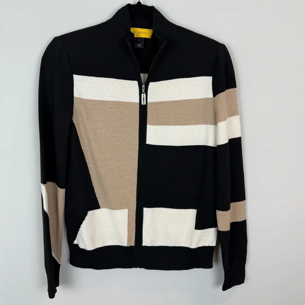 St. John Wool Blend Color Block Tan White Black Zip Up Mockneck Cardigan Sz S